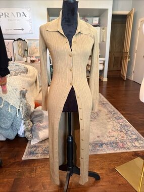 Beige Ribbed Long Button-Front Cardigan Sweater